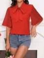 Women's Color Block Butterfly Sleeve Knot Front Shirt