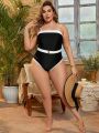 SHEIN Swim Chicsea Plus Size Women's Color Block One-Piece Swimsuit With Thin Straps