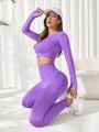 Yoga Basic Women's Solid Color Raglan Long Sleeve Crop Top And High Waist Leggings Sports Set