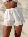 SHEIN Swim BohoFeel Women'S Elastic Waist Cover Up Shorts With Embroidered Mesh Hem