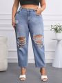 SHEIN Privé Plus Size Women's Straight Leg Ripped Denim Jeans