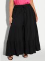 SHEIN CURVE+ Plus Size Women's Wide Leg Pants With Tie Waist And Ruffled Hem