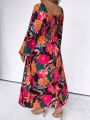 SHEIN LUNE Plus Size Full-length Floral Print Lantern Sleeve Vacation Style Dress