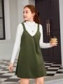 Teen Girls' Ribbed Turtleneck T-Shirt And Corduroy Suspender Skirt Two Piece Set