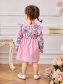 SHEIN Infant Girls' Casual & Elegant Flower Print Patchwork Dress With Ruffled Hem