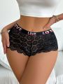 Women'S Letter Elastic Band & Lace Detail Boyshorts Panties