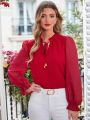 SHEIN Frenchy Solid Color Lace-Up Shirt With Ruffled Sleeves, Featuring Cutwork On The Sleeves, Long-Sleeved ,Valentine's Day Blouse