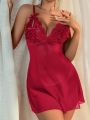 2pcs/set Lace Splice Cami Dress And T-back Lingerie Set