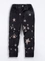 Boys' Street Cool Star Pattern Printed Black Straight-leg Jeans, Elastic Waist