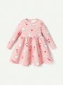 Cozy Cub Baby Girls' 2pcs Heart-Shaped Colorful Cartoon Unicorn Pattern Long-Sleeve Dress With Round Neck And Elastic Waist