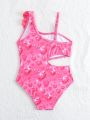 Young Girl's One-Piece Swimsuit With Hollow-Out Waist & Ruffle Trim, Random Print