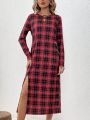 SHEIN LUNE Plaid Hem Slit Long Sleeve Dress