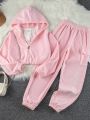 Teen Girl Solid Zip Up Hoodie & Letter Graphic Flap Pocket Sweatpants & Tank Top