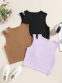 SHEIN Kids EVRYDAY 3pcs Solid Color Hollow Out Crop Top For Casual Wear