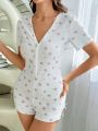 Ladies' Floral Printed Button-Up Romper With Shorts For Sleepwear