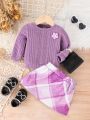 Two-piece Set Of Three-dimensional Flower-decorated Striped T-shirt And Plaid Skirt For Baby Girls