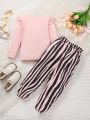 SHEIN Kids EVRYDAY 2pcs/set Little Girls' Letter Printed Ruffled Hem T-shirt And Bow Knot Striped Pants, Spring And Autumn