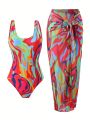 Women's Printed One-Piece Swimsuit Matching With Swimwear Cover-Up Skirt