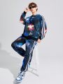 SHEIN Teenage Boys' Leisure Hooded Top And Bottom Set With Universe & Starry Print, Knitted, With Side Seam And Webbing Detail