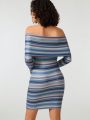 THE VAULT Striped Print Off Shoulder Bodycon Dress