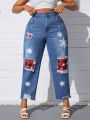 Women'S Plus Size Plaid & Snowflake Printed Distressed Jeans