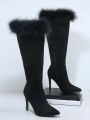 Fuzzy Trim Stiletto Heeled Boots