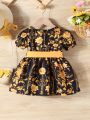 Baby Girls' New Summer Short Sleeve Floral Print Dress With Elastic Waist