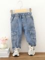 Baby Girl Flap Pocket Side Elastic Waist Cargo Jeans