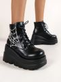 Lace-up High Top Thick Platform Gothic Boots For Women, Increase Height & Combat Style & Outdoor, Wedge Heel & Motorcycle Boots