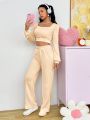 SHEIN Qutie Women's Pleated Cropped Top And Long Pants Two Piece Set