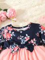 1pc Baby Girls' Elegant Floral Printed Mesh Dress