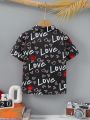 SHEIN Kids EVRYDAY Boys' Casual And Holiday Style Heart Print Short Sleeve Shirt