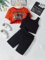 SHEIN Kids HYPEME 3pcs/set Girls' High-low Hem T-shirt & Tank Top & Shorts Set With Pattern Print