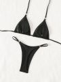 Women's Halterneck And Spaghetti Straps Triangle Black Bikini Swimsuit Set