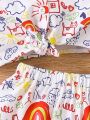 SHEIN Baby Girl Casual & Lovely Graffiti Pattern Short Sleeve Shirt + Skirt Outfit Set