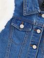 SHEIN Little Girls' Plush Patchwork Sleeveless Denim Vest