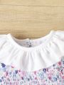 Baby Girls' Colorful Floral Pattern Romper With Ruffled Hem, Button Fastening And Shirred Puff Sleeve Shorties, Suitable For Spring, Summer And Autumn