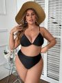 SHEIN Swim Chicsea Women's Plus Size Solid Color V Neck Bikini Top With Thin Straps