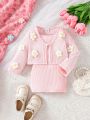 Baby Girl 2pcs/Set 3d Flower Decor Single Button Jacket And Sleeveless Dress Set