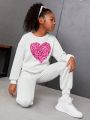 SHEIN Kids Cooltwn Tween Girl Heart Print Drop Shoulder Pullover