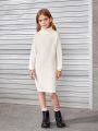 SHEIN Kids FANZEY Tween Girl Turtleneck Drop Shoulder Ribbed Knit Sweater Dress Without Belt