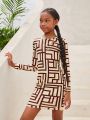 SHEIN Tween Girls' Fashionable & Elegant Knitted Long Sleeve Dress With Geometric Pattern And Round Neck