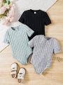 SHEIN Kids EVRYDAY Little Girls' Knitted Solid Color Short Stand Collar Bodysuit With Top & Cardigan, 3pcs/Set Casual Outfits