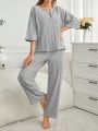 Women'S Notched Collar Knit Stripe Pajama Set