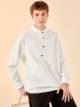 SHEIN Male Teenagers Casual Loose Solid Color Diagonal Placket Stand Collar Antique Hanfu Shirt