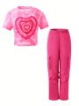 2pcs Teen Girls' Heart Print Short Sleeve T-Shirt And Utility Cargo Pants