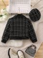 SHEIN Kids FANZEY Young Girl Plaid Pattern Tweed Jacket & Hat