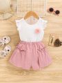 SHEIN Baby Girls' Casual Flying Sleeve Top With 3d Flower Applique & Elastic Waist Shorts Set