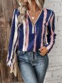 SHEIN LUNE Striped Zipper V-neck Rolled Sleeve Shirt