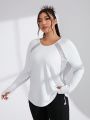 Yoga High Street Women's Plus Size Mesh Patchwork Yoga Long Sleeve Side Drawstring Athletic T-shirt